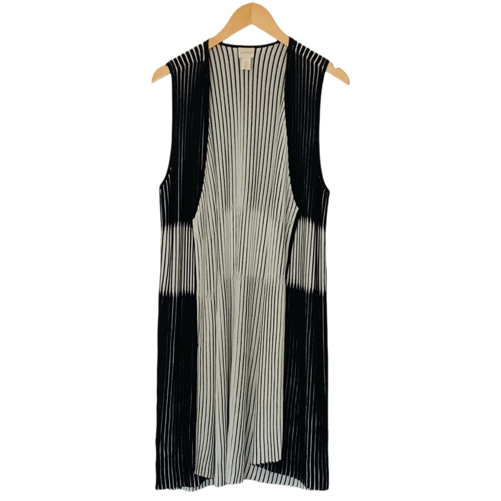Chicos Black and White Strip Sweater Vest Duster Size Medium Long Line